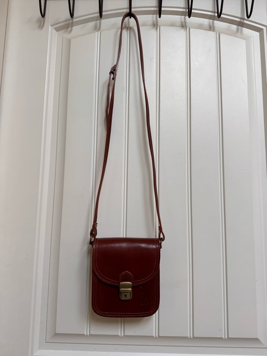 Small Buckle Brown Leather Crossbody Bag. 6” by 7” by 2.5” - Picture 2 of 7